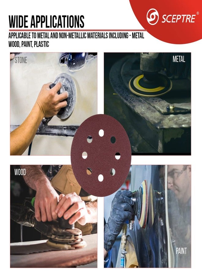 سيبتر أقراص صنفرة فيلكرو من سيبتر مليون، مقاس 125 مم، حبيبات من 60 إلى 100 قطعة، قرص ورقي بـ 8 ثقوب للصنفرة الدقيقة، المعادن، الخشب، الطلاء، البرايمر، الألياف الزجاجية، وتشطيب الأسطح البلاستيكية. - Image 5